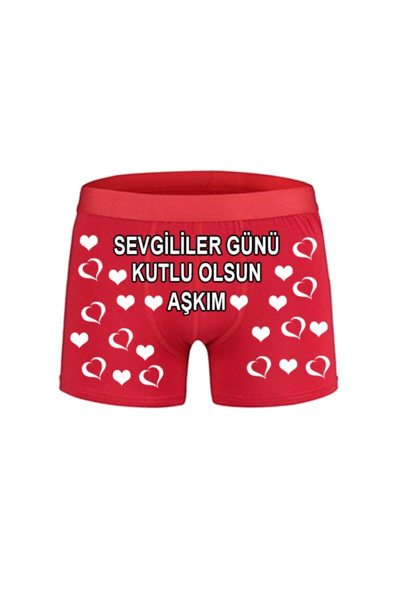 Sevgililer Gününe Özel Sevgililer Günü Kutlu Olsun Baskılı Kırmızı Erkek Boxer Pamuklu Beyaz Kalpli