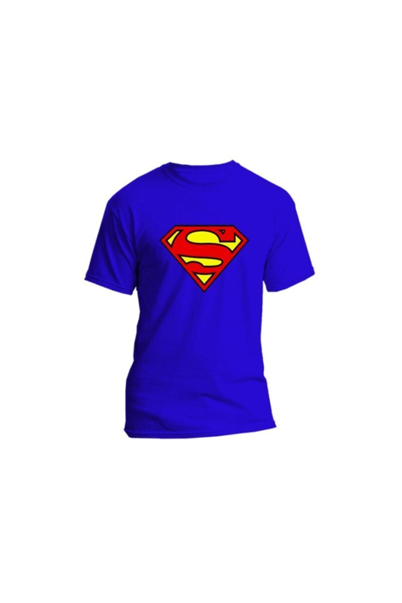 Supermen Logo Baskılı Lüx Pamuklu Erkek Kadın Unisex Tişört Superman Tshirt Sax Mavi Kaliteli Üretim