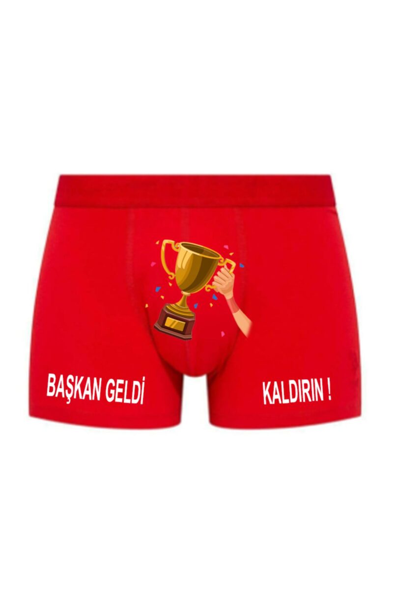 Başkan Geldi Kaldırın Kupa Baskılı Espirili Kırmızı Erkek Boxer Pamuklu